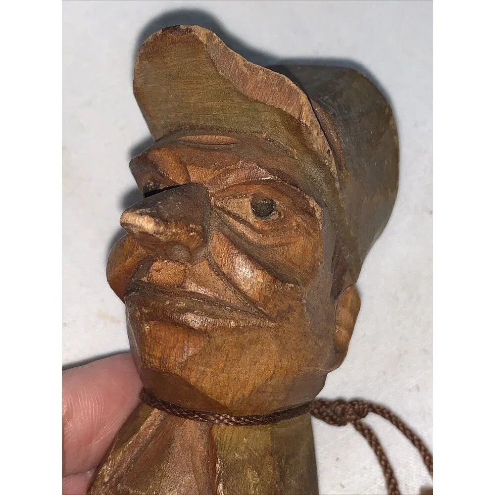 Vintage Hand Carved Folk Art Wine Bottle Stopper Metal Spout Wooden Man Barware